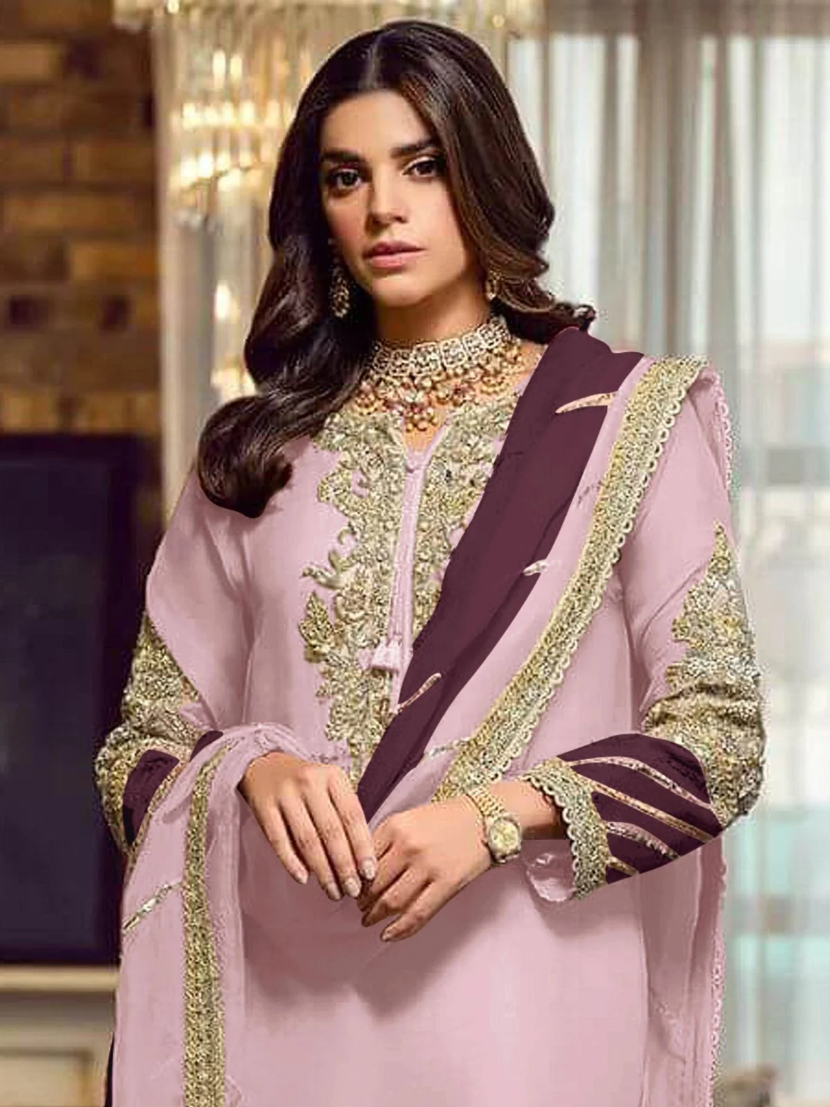 Odette Pink Georgette Embellished Semi stitched Kurta Set For Womenm - Image 3