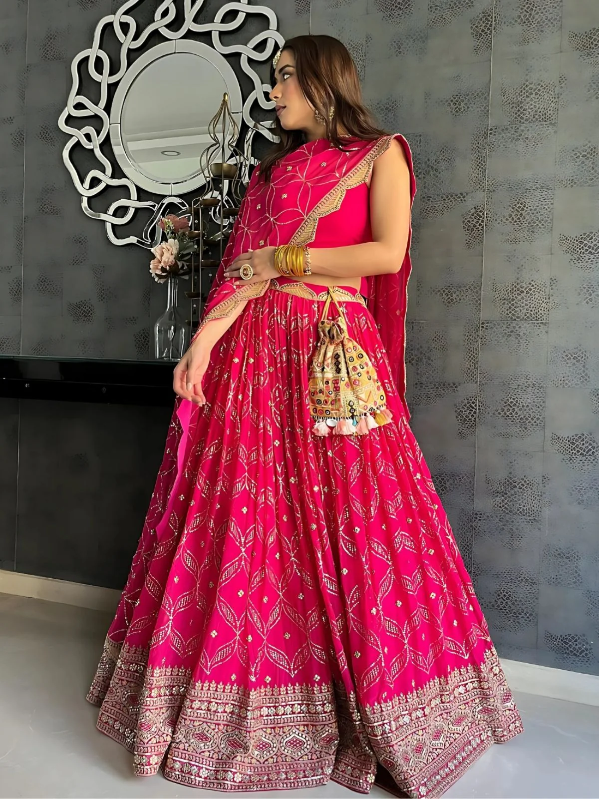 Odette Pink Georgette Embellished Semi-Stitched lehenga For Women - Image 2