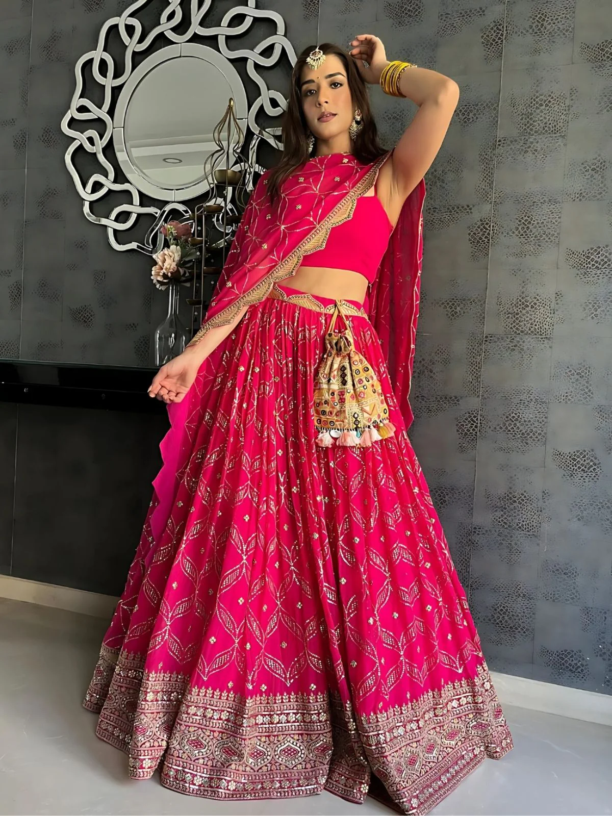 Odette Pink Georgette Embellished Semi-Stitched lehenga For Women - Image 3