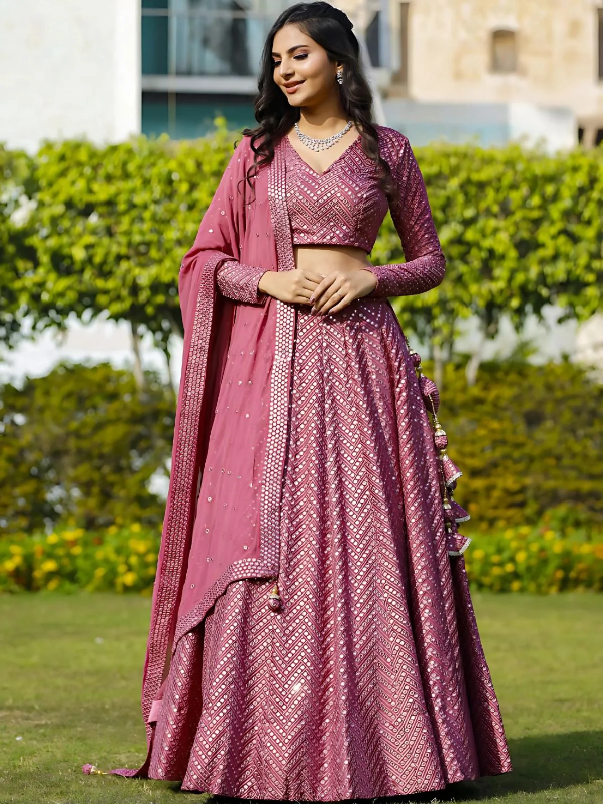 Odette Pink Georgette Embellished Semi-Stitched lehenga For Women - Image 3