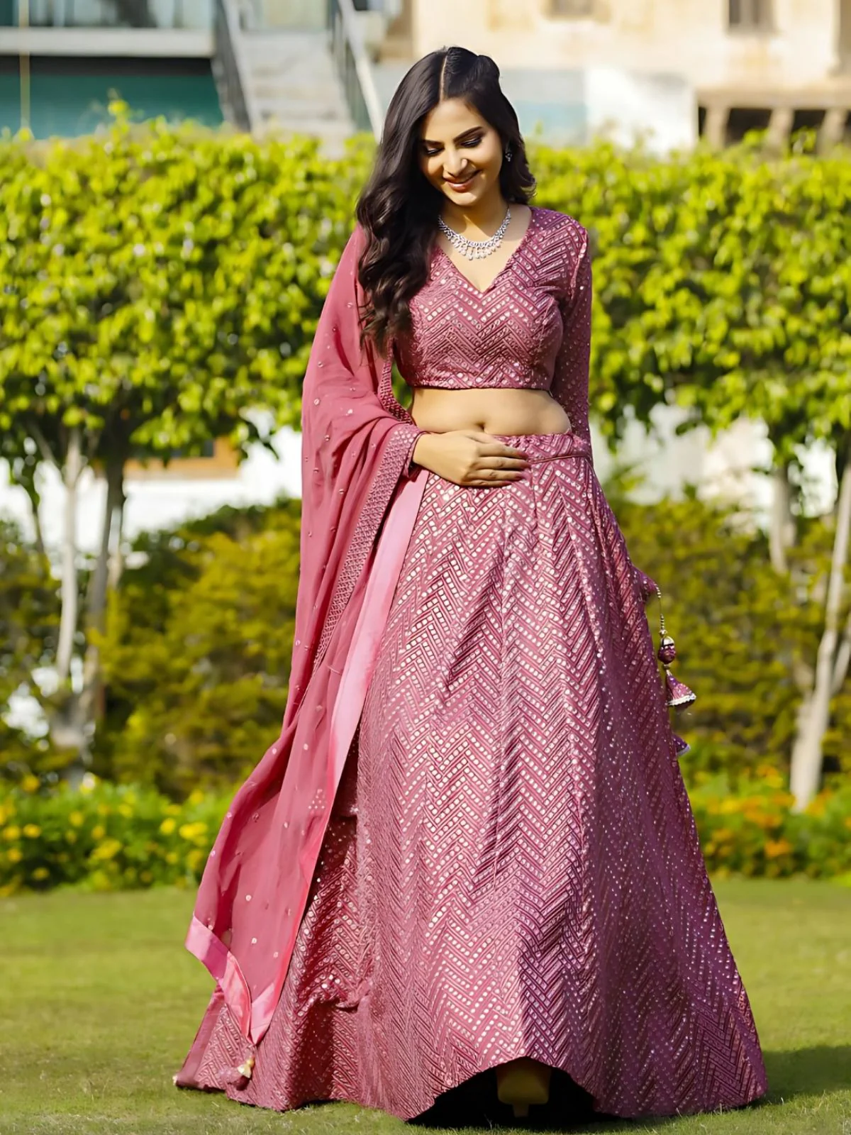 Odette Pink Georgette Embellished Semi-Stitched lehenga For Women - Image 4