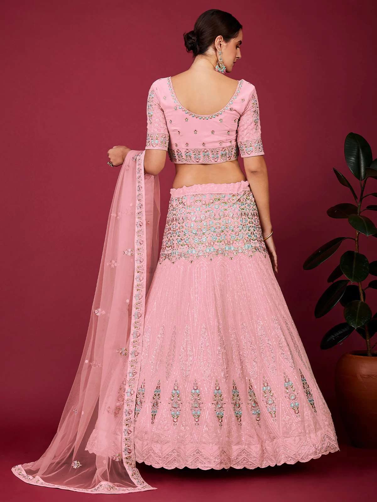 Odette Pink Georgette Embellished Semi Stitched Lehenga With Unstitched Blouse for Women - Image 3