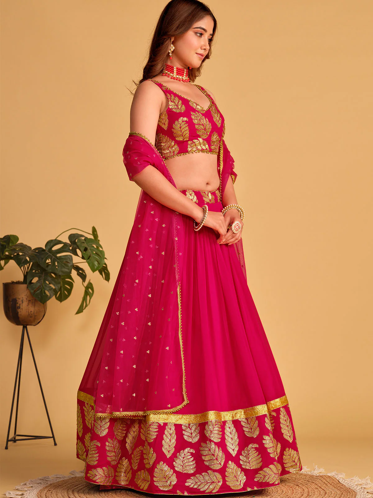 Odette Pink Georgette Embellished Semi Stitched Lehenga With Unstitched Blouse For Women - Image 3