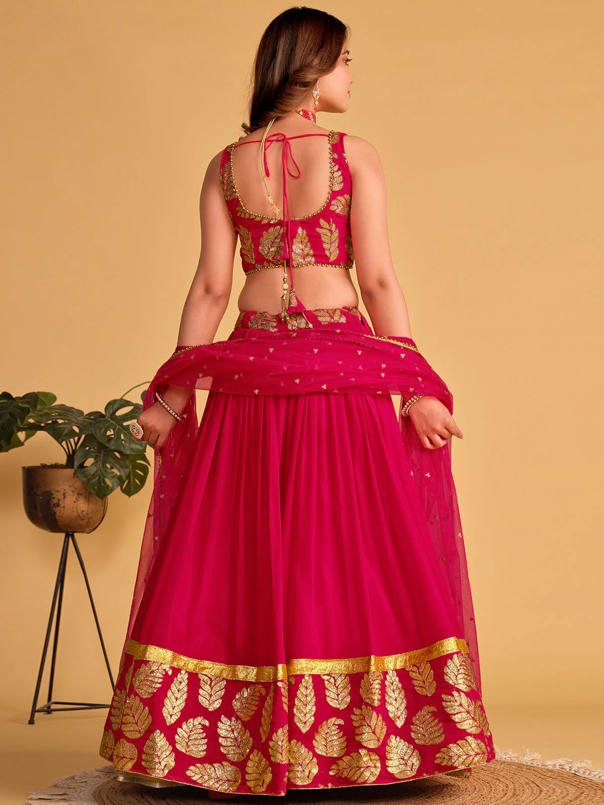 Odette Pink Georgette Embellished Semi Stitched Lehenga With Unstitched Blouse For Women - Image 4