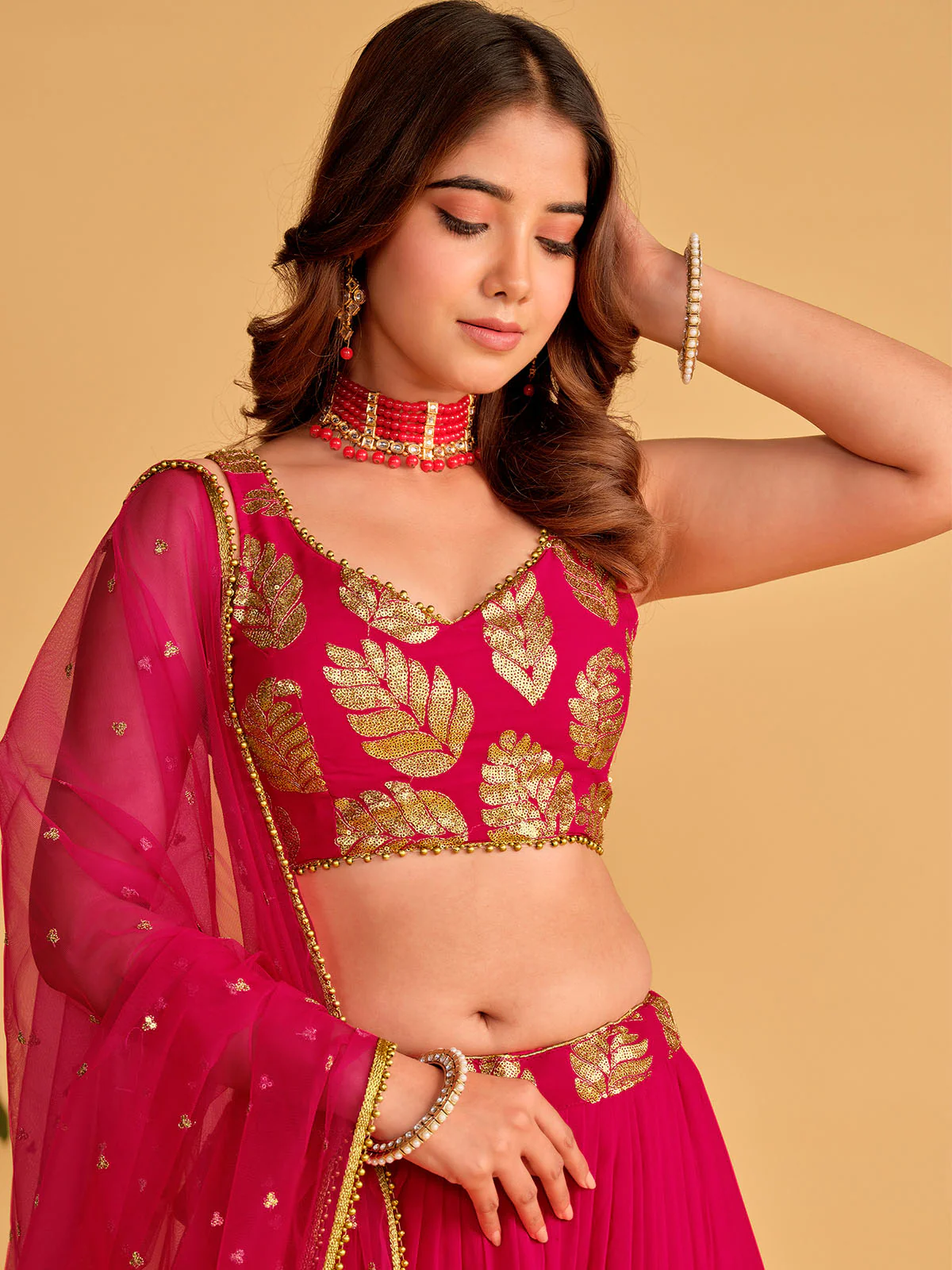 Odette Pink Georgette Embellished Semi Stitched Lehenga With Unstitched Blouse For Women - Image 5