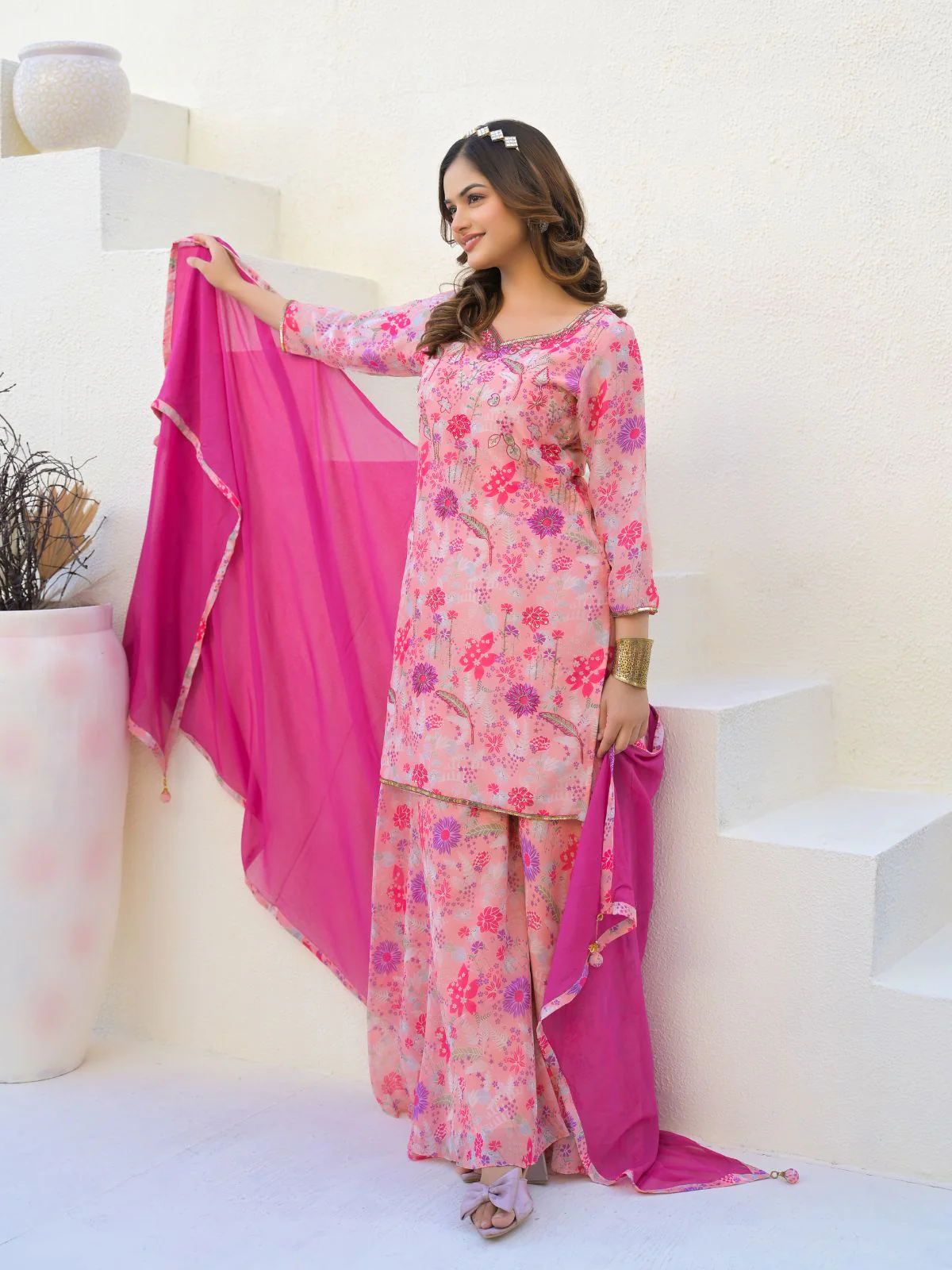 Odette Pink Georgette Embellished Stiched Kurta Set For Women - Image 3