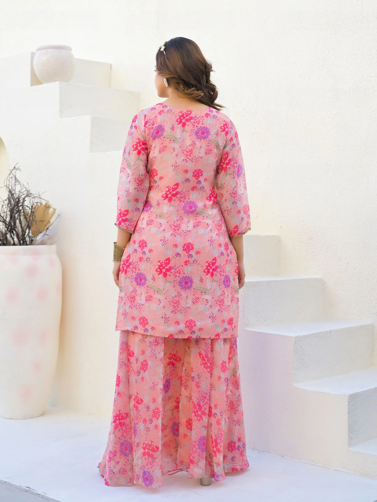 Odette Pink Georgette Embellished Stiched Kurta Set For Women - Image 4
