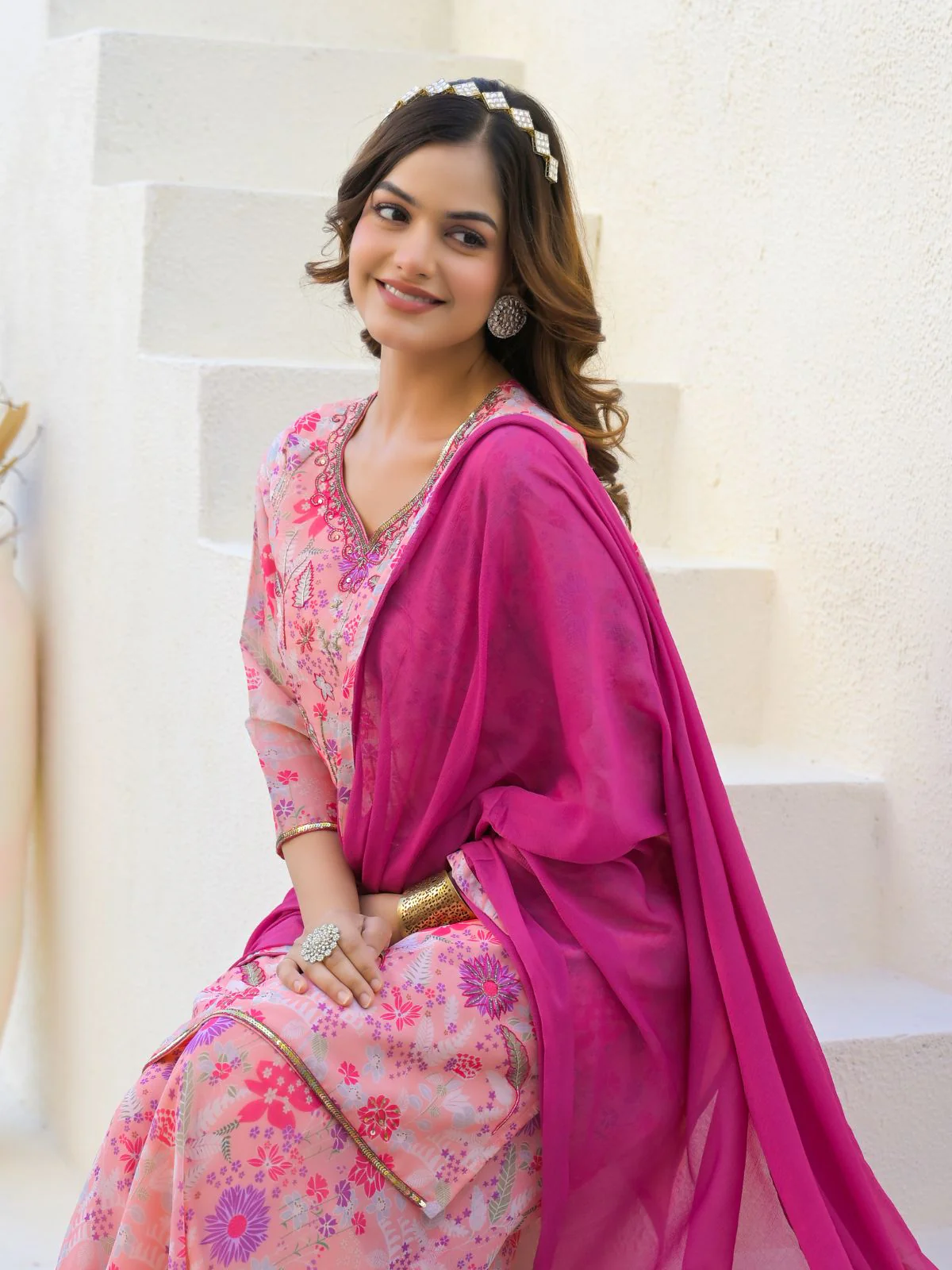 Odette Pink Georgette Embellished Stiched Kurta Set For Women - Image 5