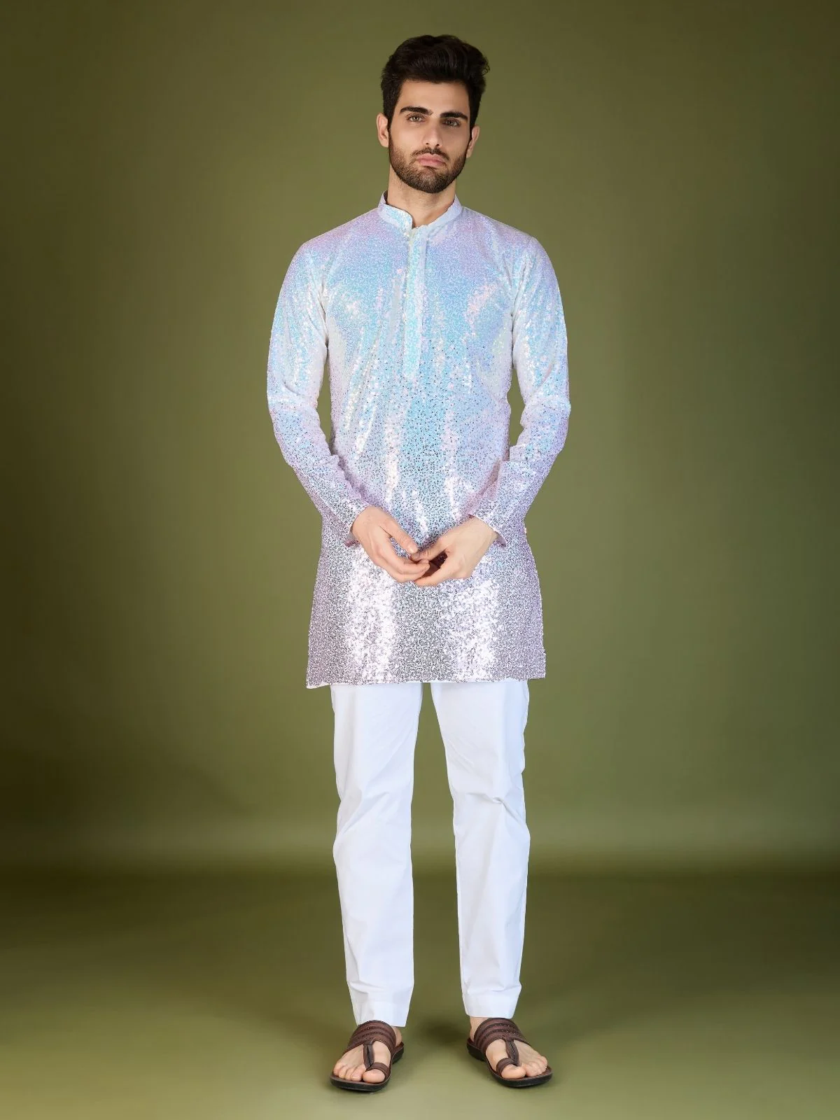 Odette Pink Georgette Embellished Stitched Kurta For Men - Image 2