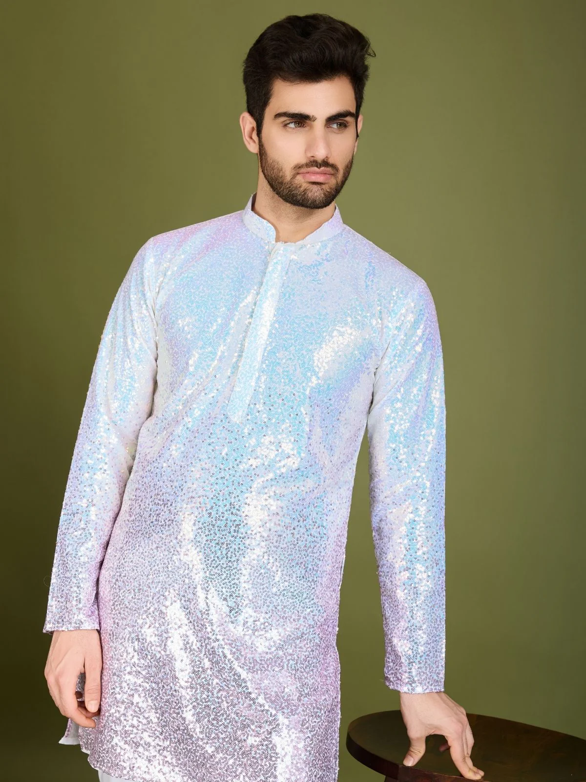 Odette Pink Georgette Embellished Stitched Kurta For Men - Image 5
