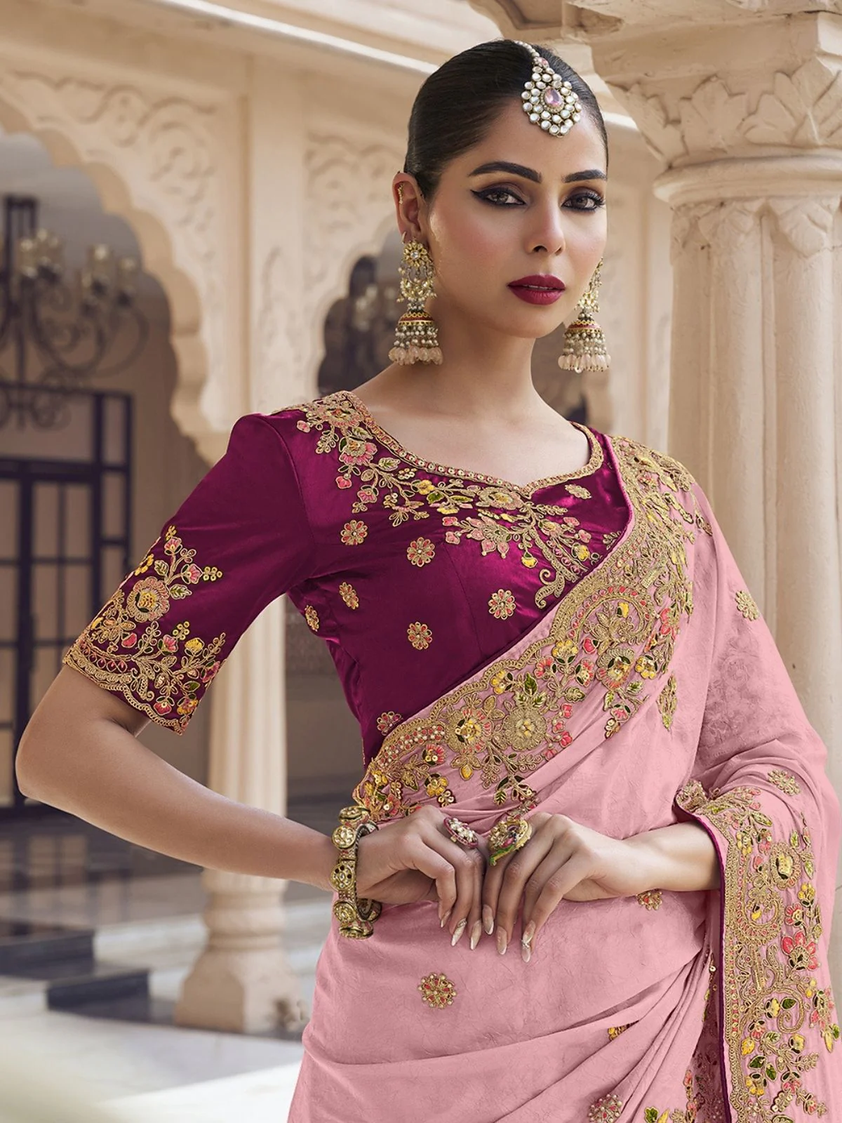 Odette Pink Georgette Embroidered Elegant Saree For Women - Image 3