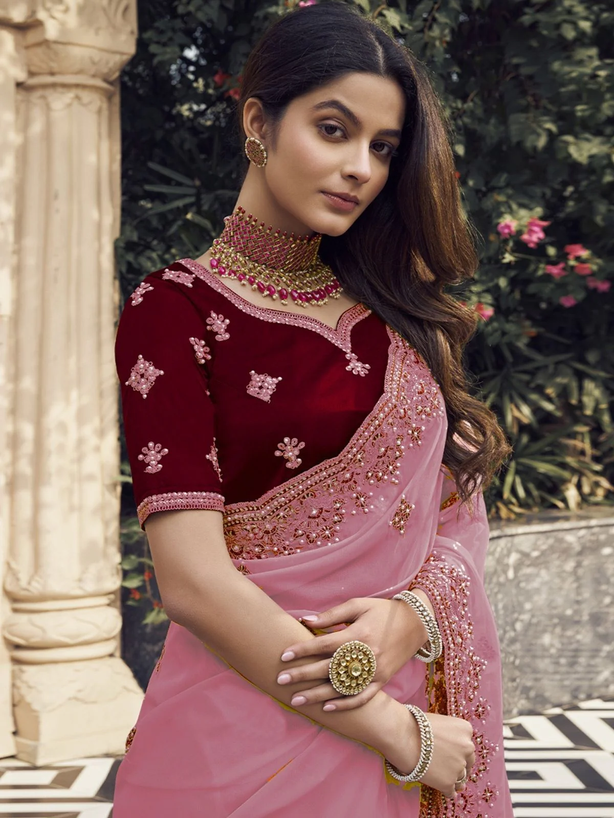 Odette Pink Georgette Embroidered Elegant Saree For Women - Image 3