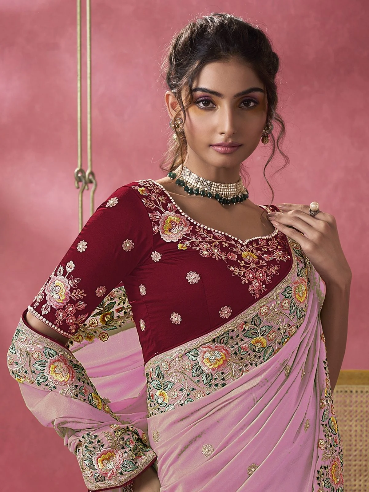 Odette Pink Georgette Embroidered Elegant Saree For Women - Image 2