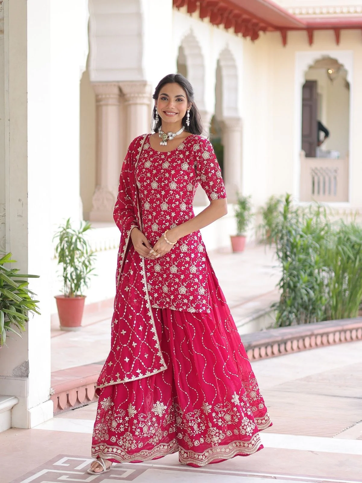 Odette Pink Georgette Embroidered Kurta Set For Women - Image 2