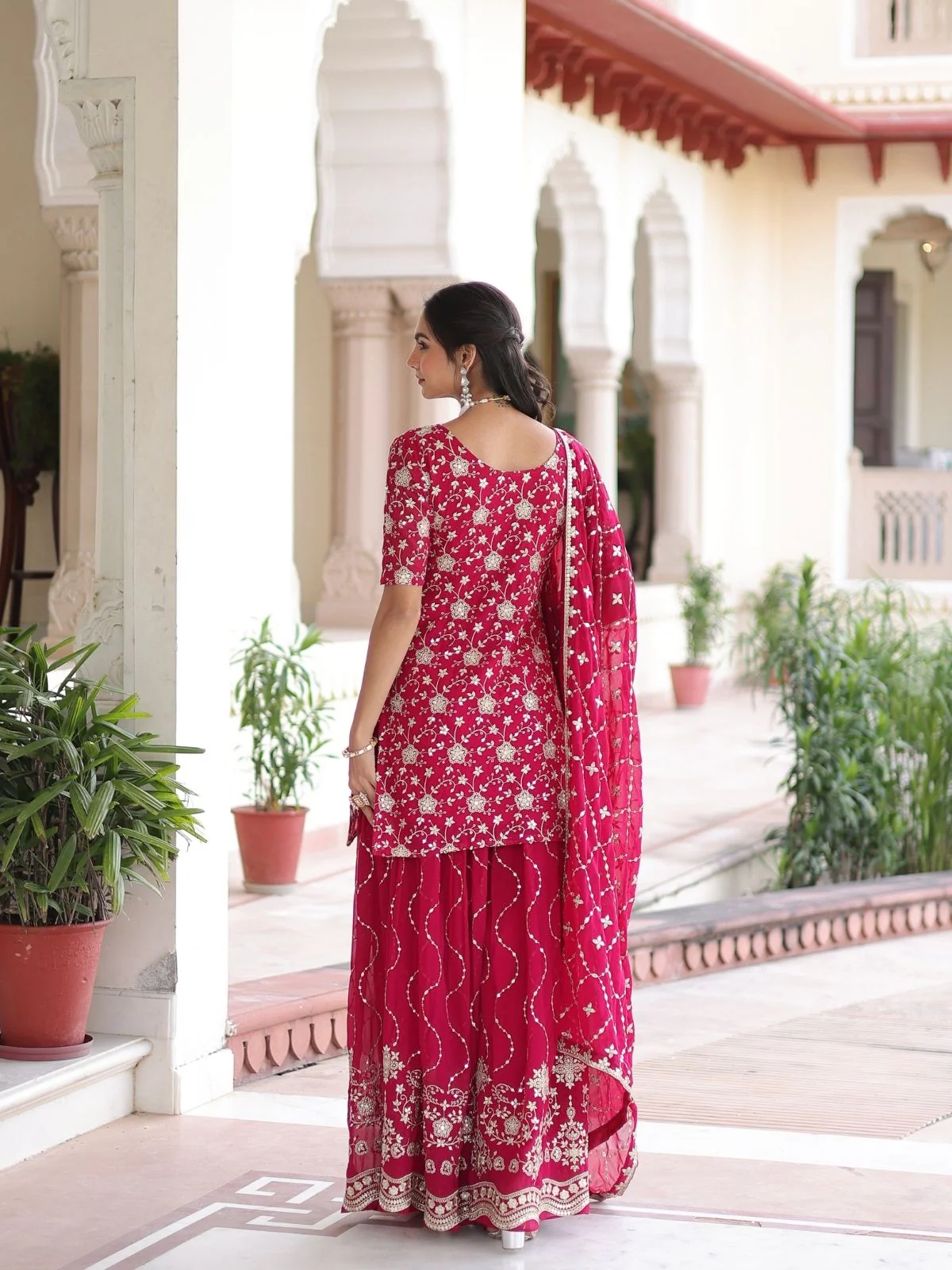 Odette Pink Georgette Embroidered Kurta Set For Women - Image 3