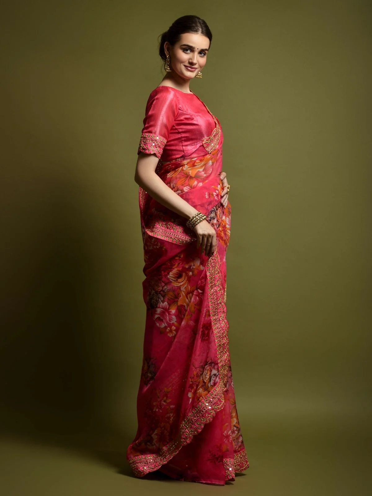 Odette Pink Georgette Embroidered Printed Saree For Women - Image 2