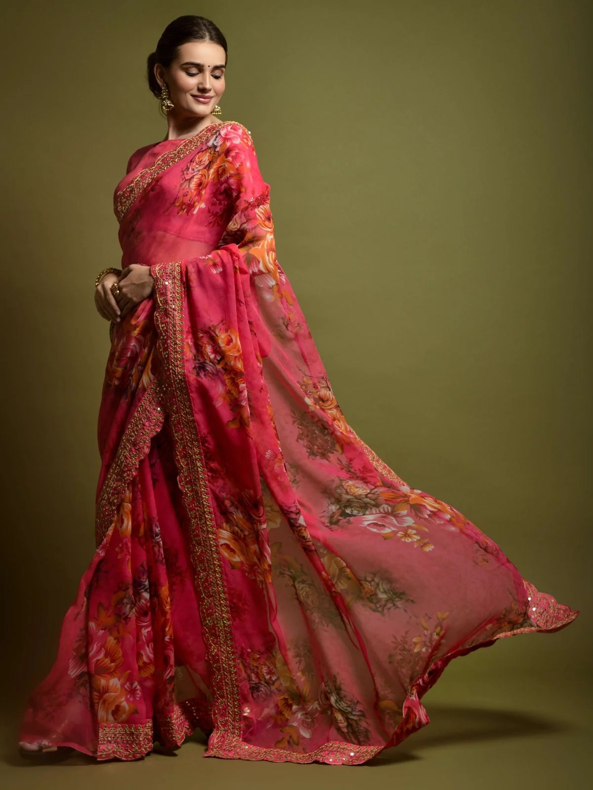 Odette Pink Georgette Embroidered Printed Saree For Women - Image 3