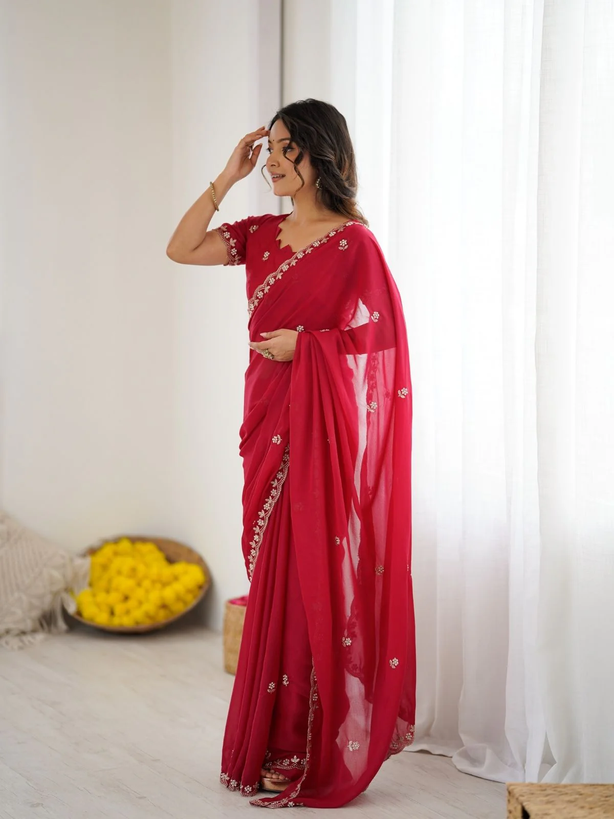 Odette Pink Georgette Embroidered Saree For Women - Image 2