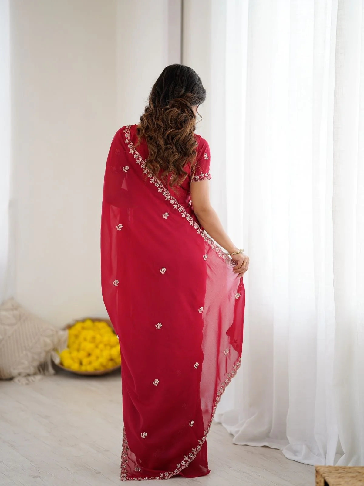 Odette Pink Georgette Embroidered Saree For Women - Image 3