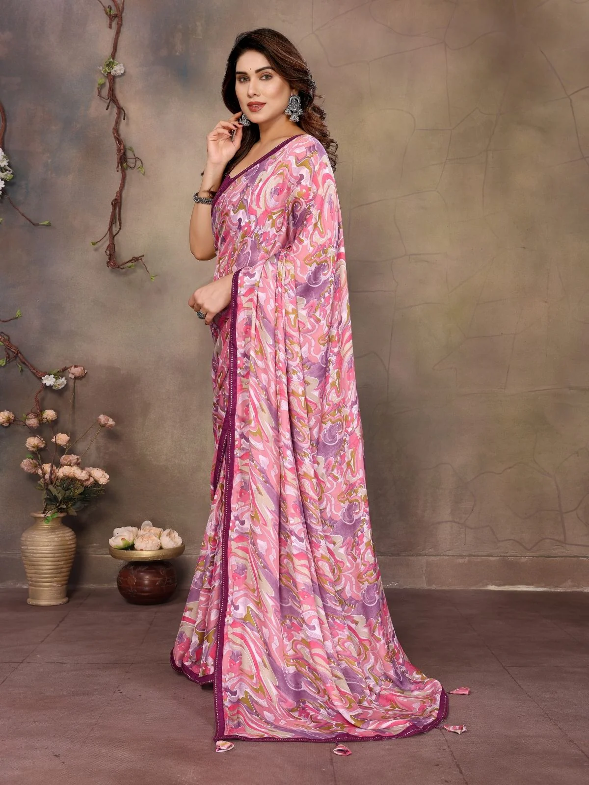 Odette Pink Georgette Embroidered Saree For Women - Image 2