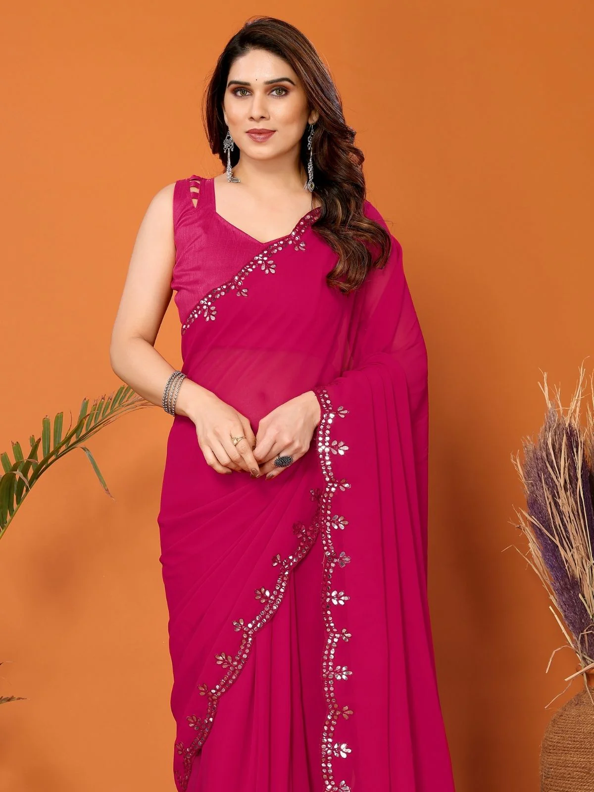 Odette Pink Georgette Embroidered Saree For Women - Image 4