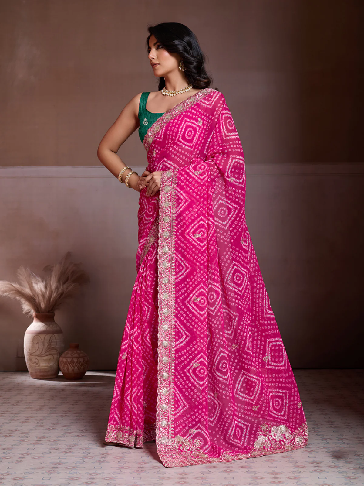Odette Pink Georgette Embroidered Saree For Women - Image 2