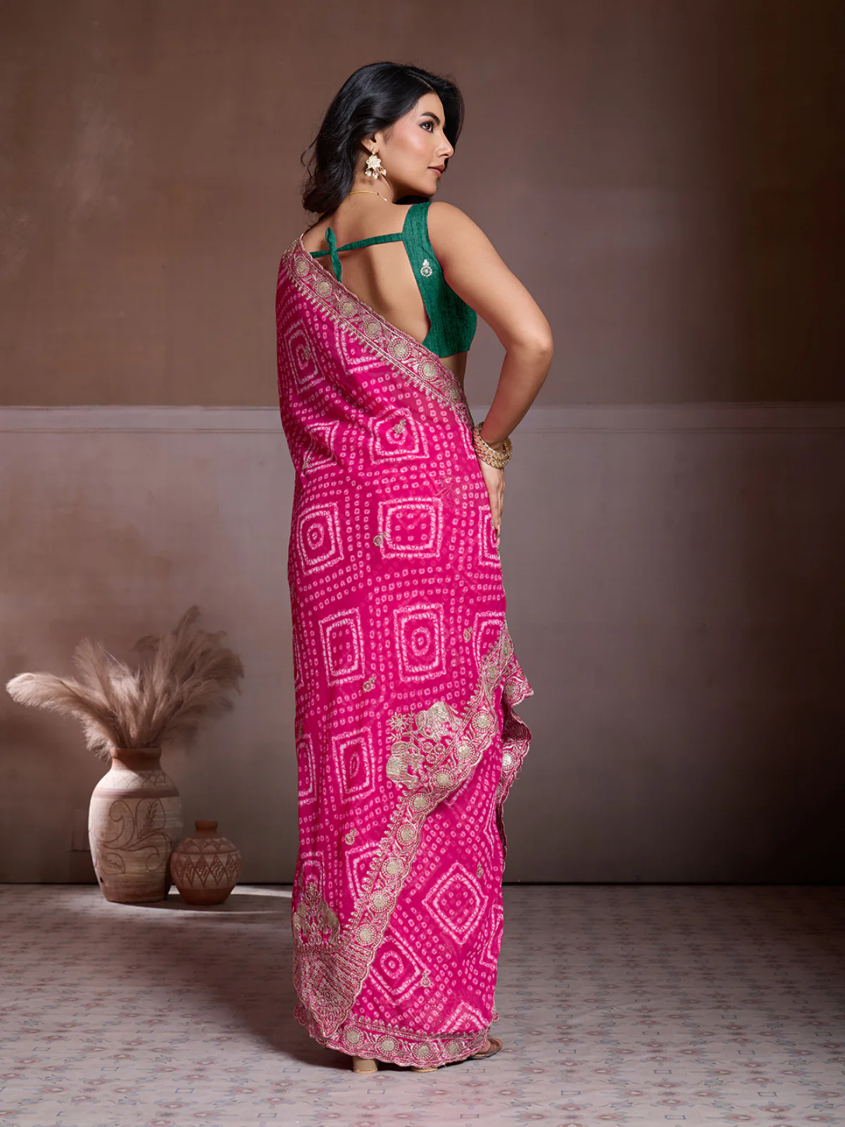 Odette Pink Georgette Embroidered Saree For Women - Image 3