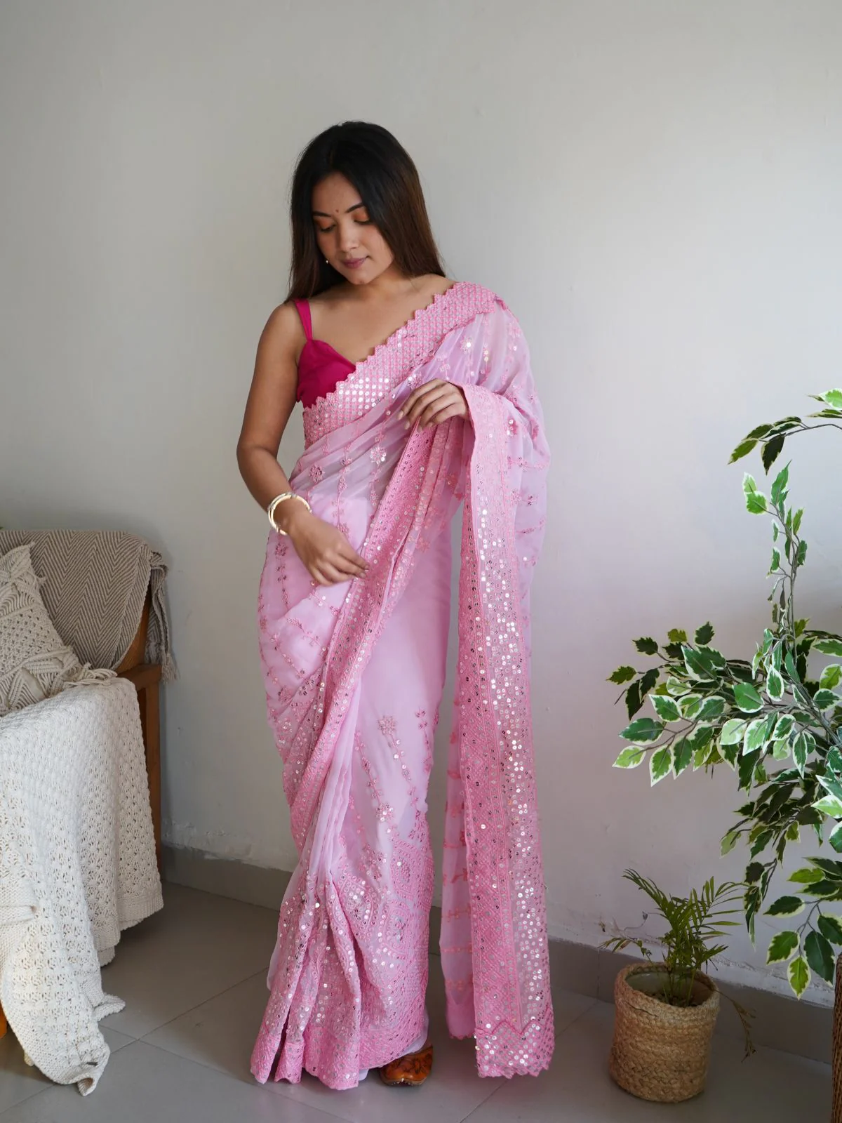 Odette Pink Georgette Embroidered Saree With Unstitched Blouse For Women - Image 2
