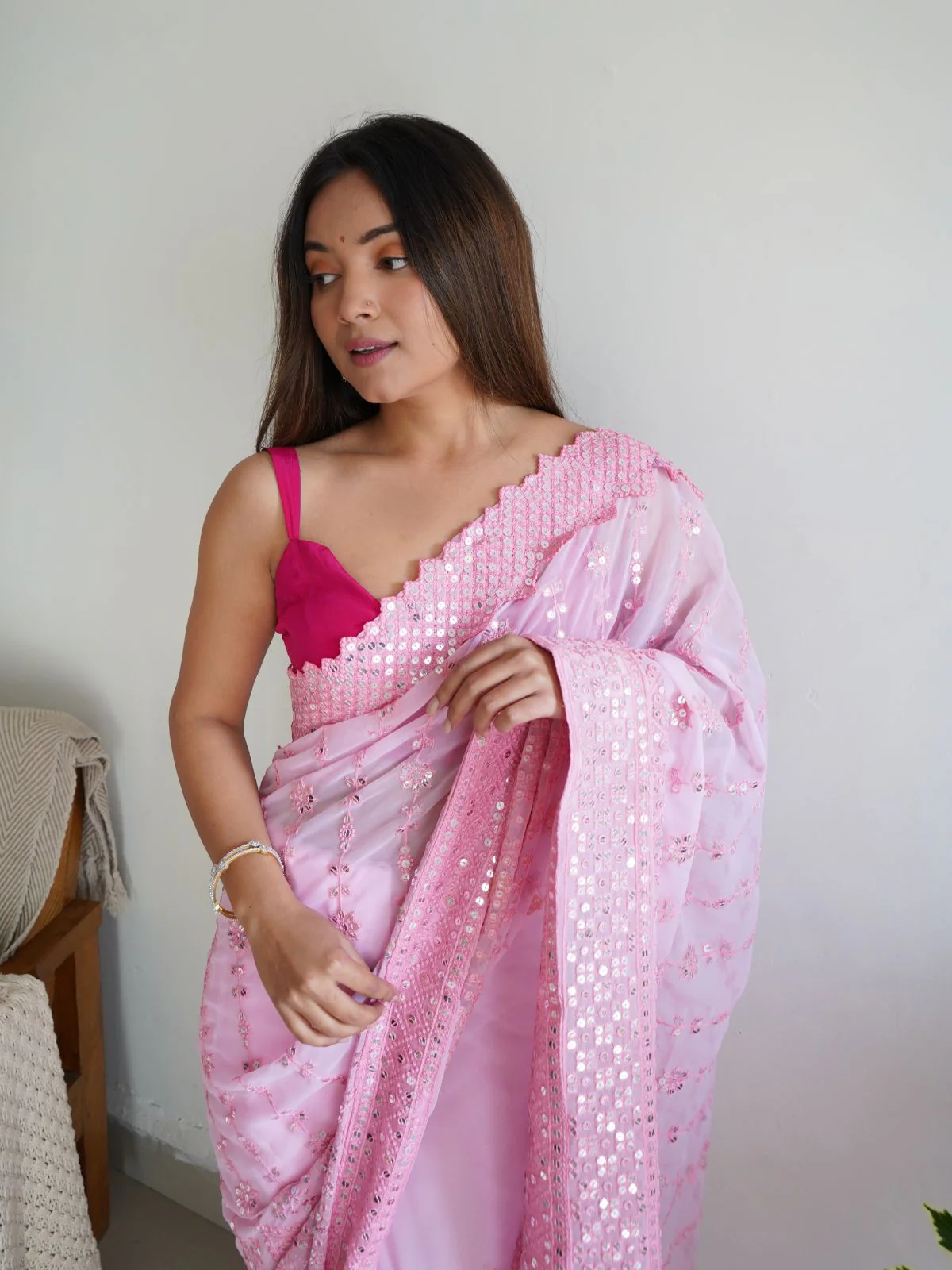 Odette Pink Georgette Embroidered Saree With Unstitched Blouse For Women - Image 5