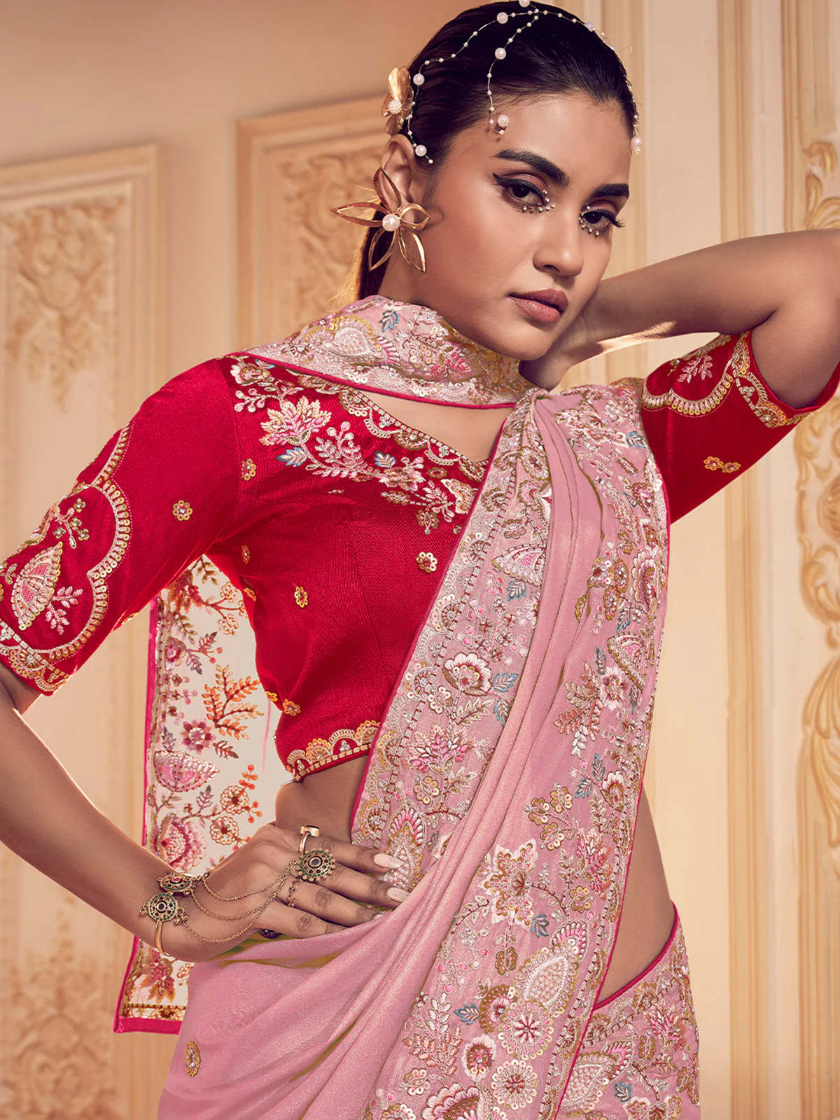Odette Pink Georgette Embroidered Saree With Unstitched Blouse For Women - Image 2