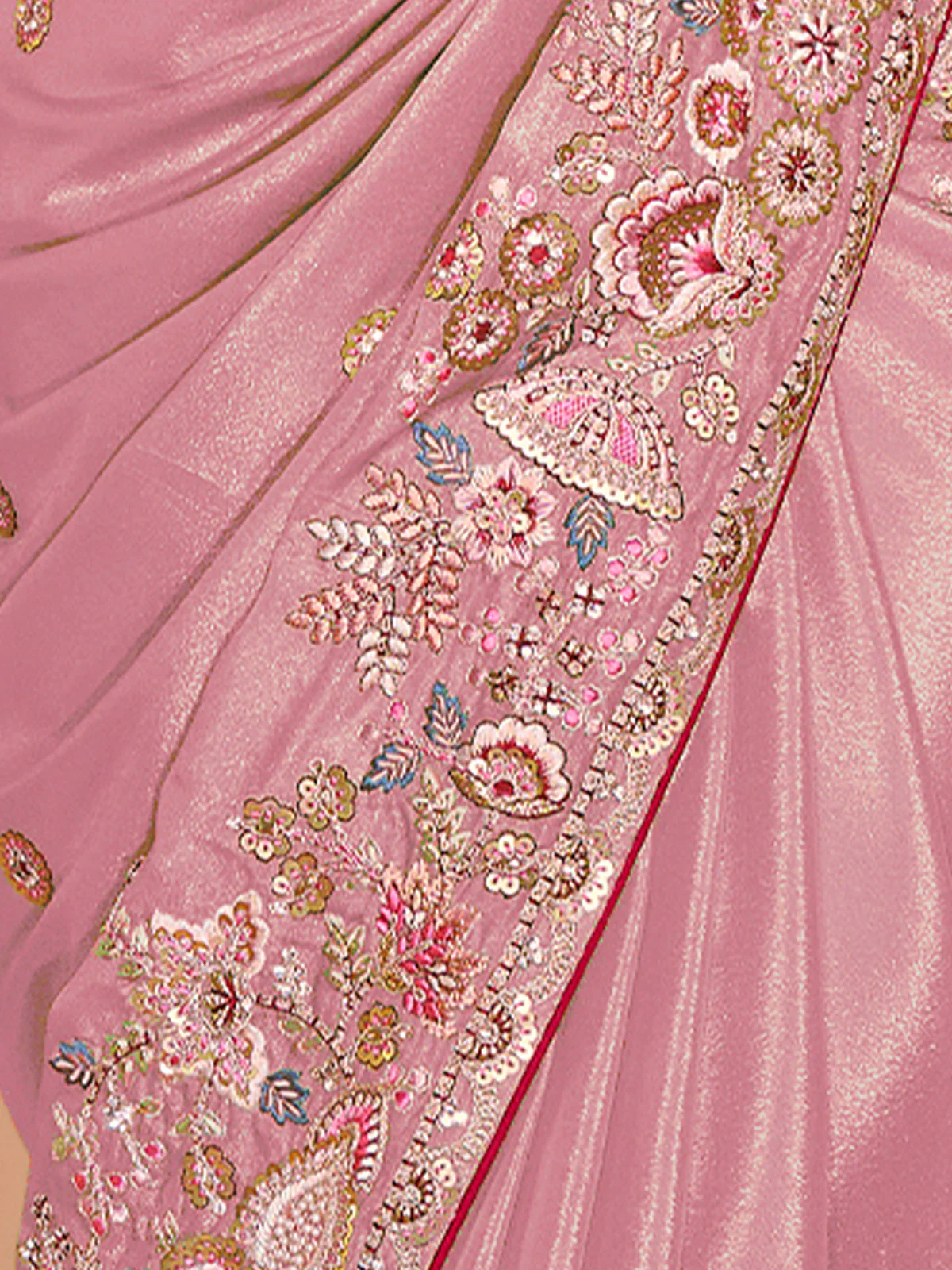 Odette Pink Georgette Embroidered Saree With Unstitched Blouse For Women - Image 4
