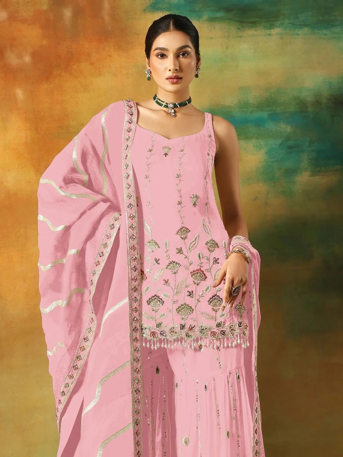 Odette Pink Georgette Embroidered Semi-Sitched Kurta Set For Women - Image 2