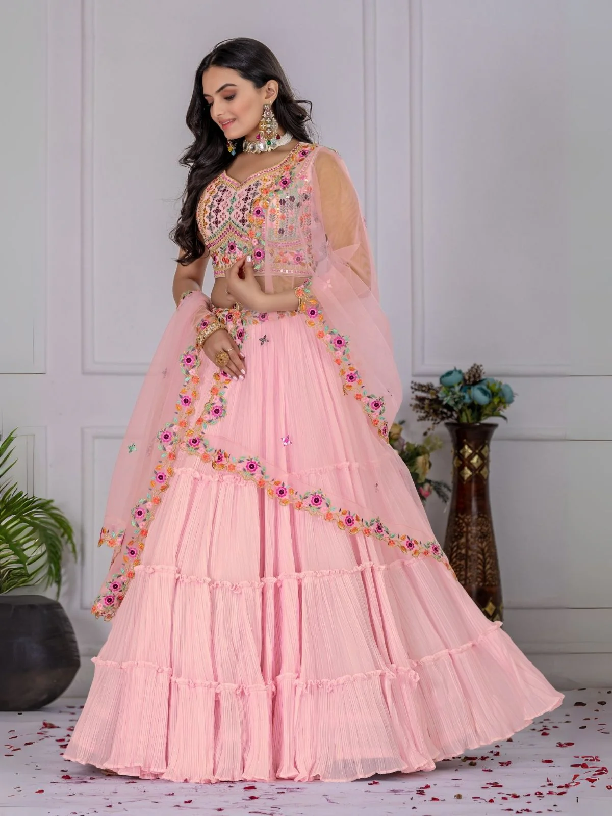 Odette Pink Georgette Embroidered Semi-Stitched lehenga For Women - Image 3