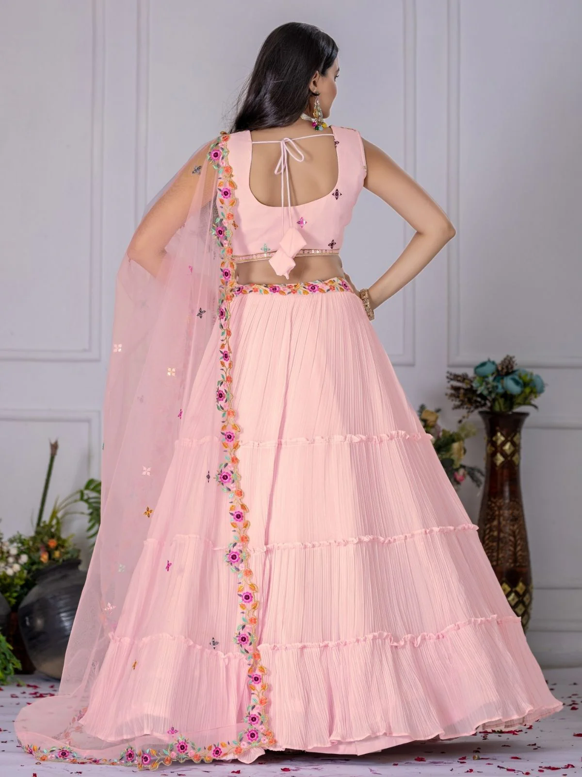 Odette Pink Georgette Embroidered Semi-Stitched lehenga For Women - Image 4