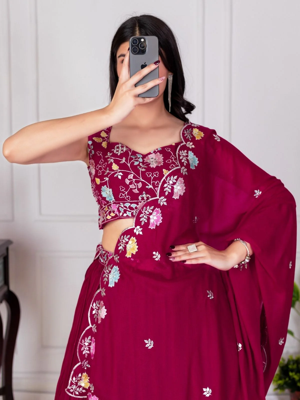 Odette Pink Georgette Embroidered Semi-Stitched lehenga For Women - Image 4
