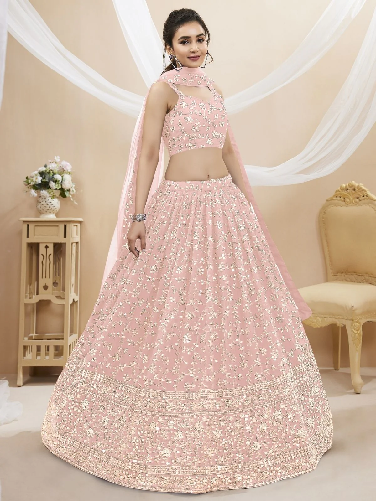 Odette Pink Georgette Embroidered Semi-Stitched Lehenga For Women - Image 3