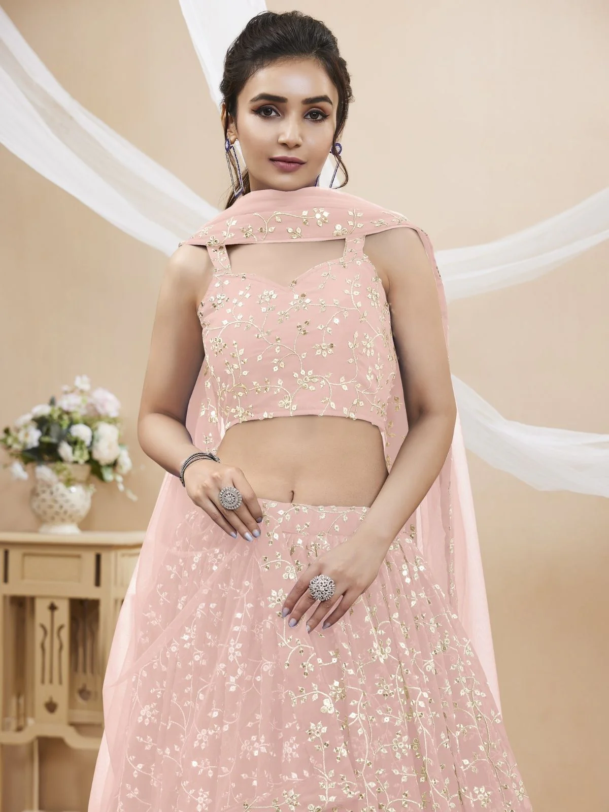 Odette Pink Georgette Embroidered Semi-Stitched Lehenga For Women - Image 4