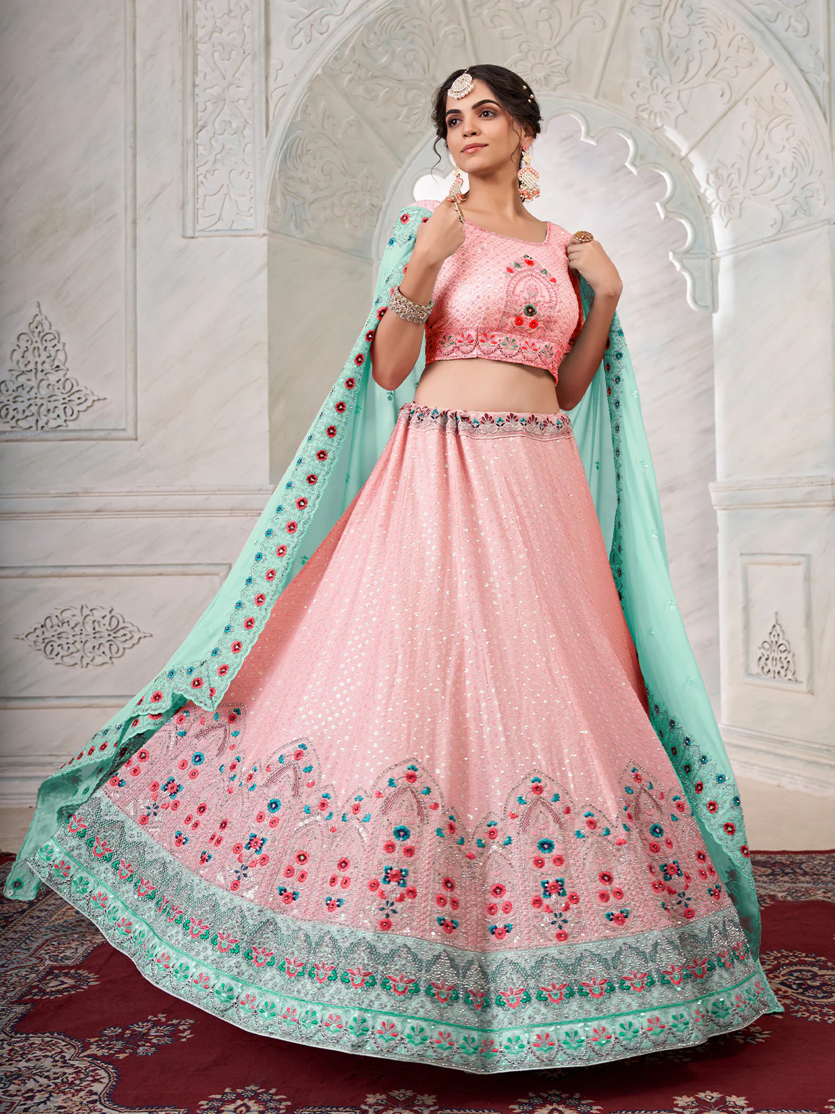 Odette Pink Georgette Embroidered Semi Stitched Lehenga With Unstitched Blouse for Women - Image 2
