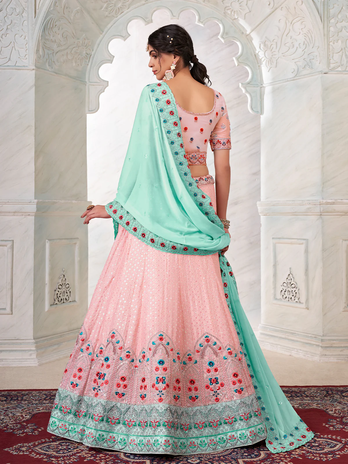 Odette Pink Georgette Embroidered Semi Stitched Lehenga With Unstitched Blouse for Women - Image 4
