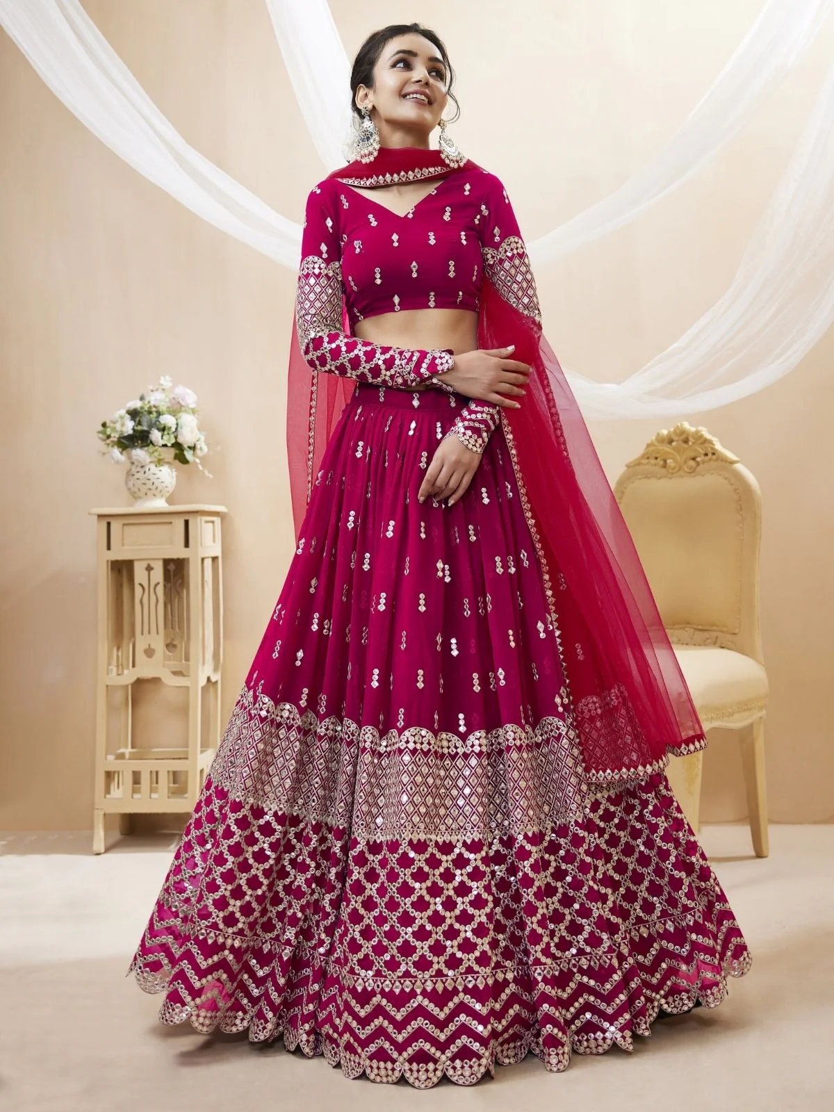 Odette Dark Pink Georgette Embroidered Semi Stitched Lehenga With Unstitched Blouse For Women - Image 2