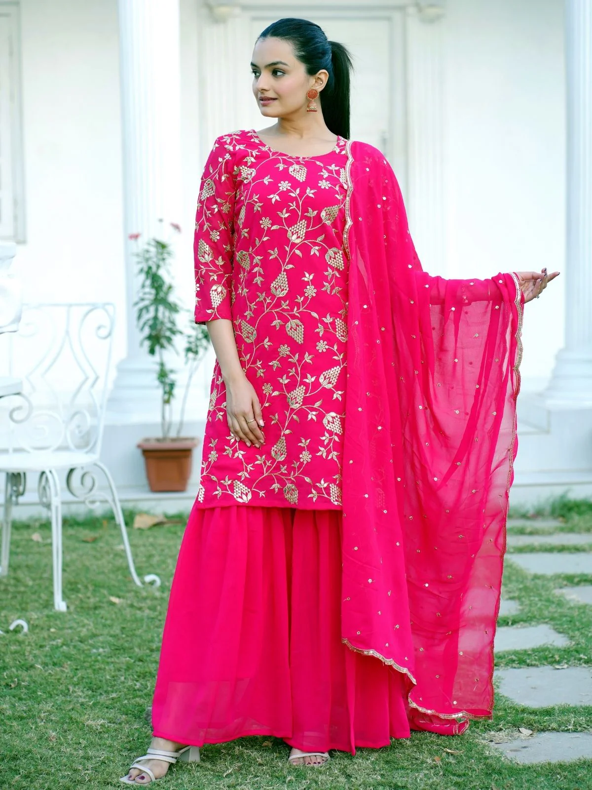 Odette Pink Georgette Embroidered Stitched Kurta Set For Women - Image 2