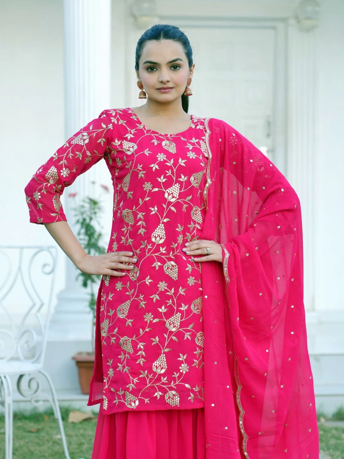 Odette Pink Georgette Embroidered Stitched Kurta Set For Women - Image 3