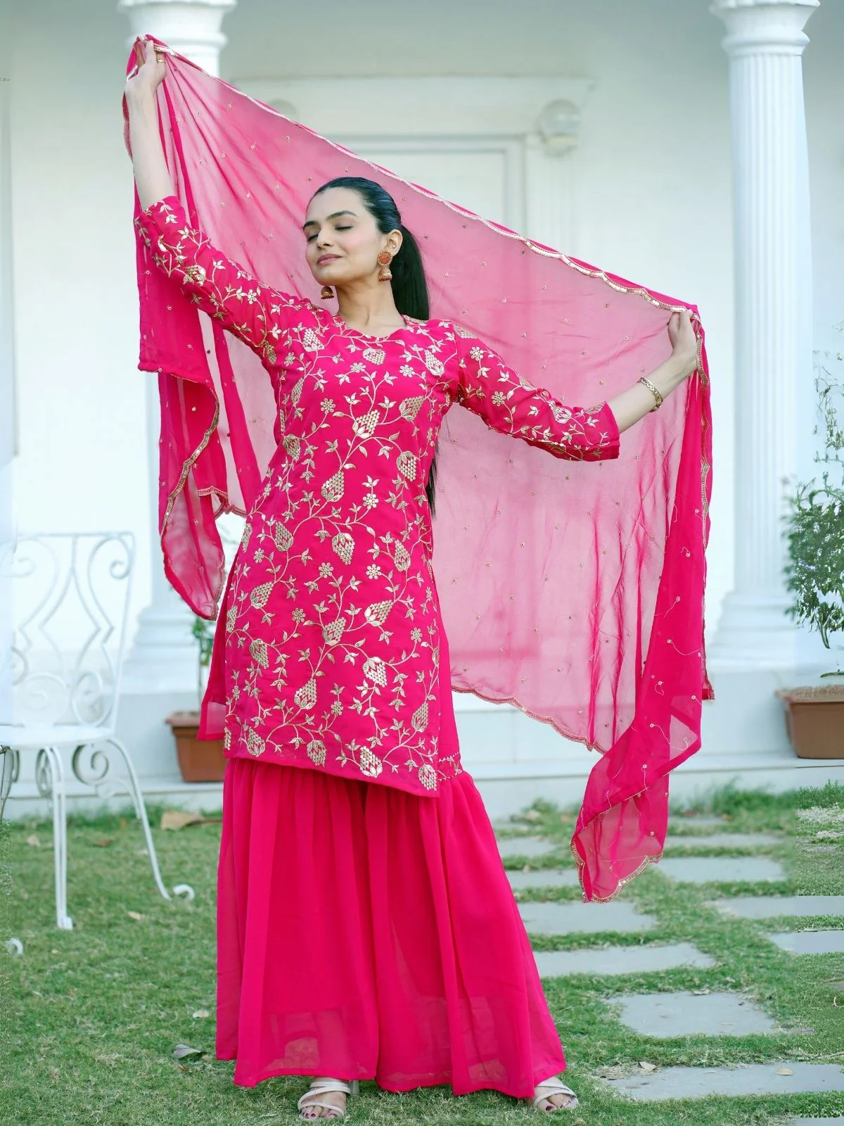 Odette Pink Georgette Embroidered Stitched Kurta Set For Women - Image 5