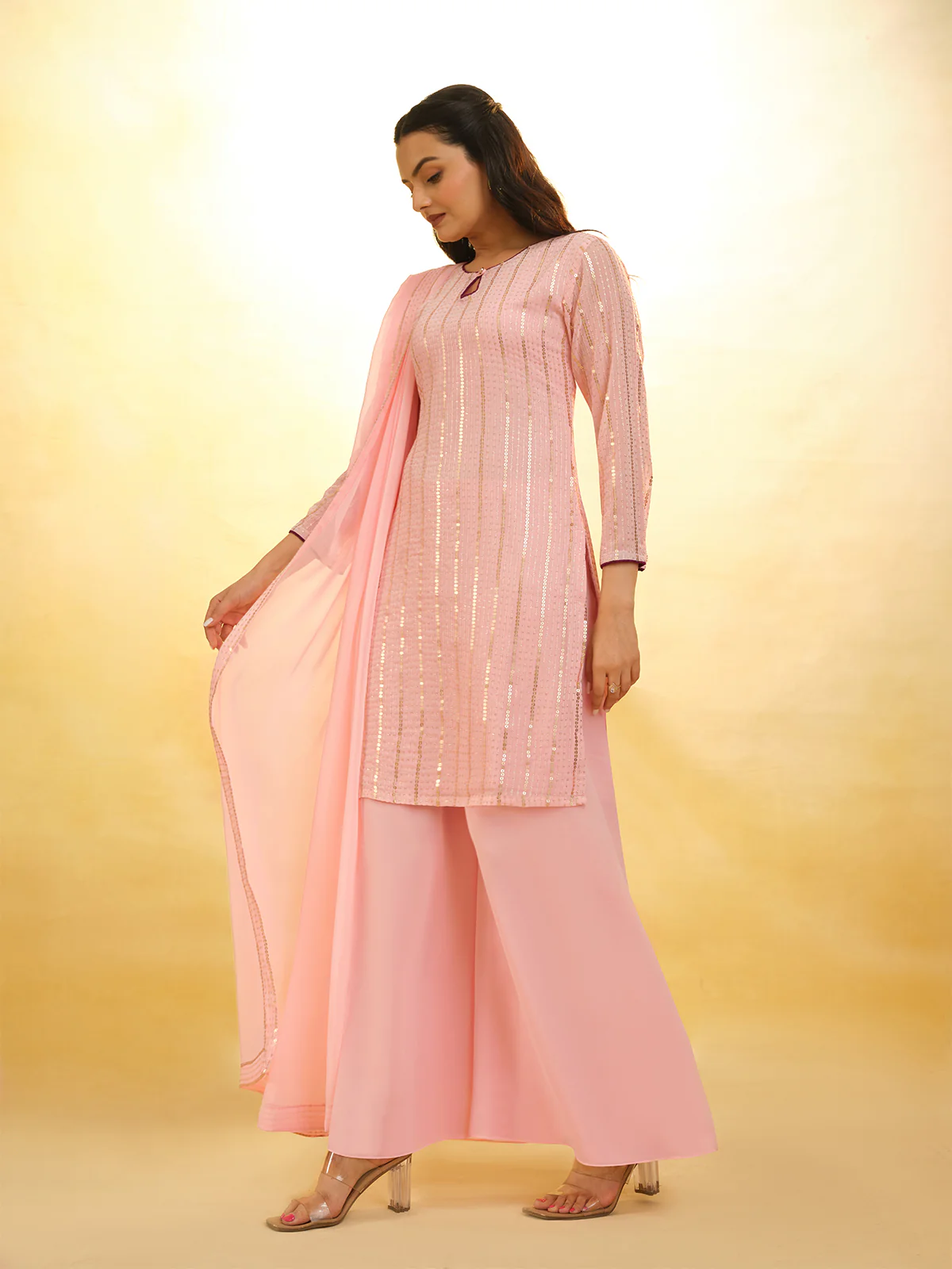 Odette Pink Georgette Embroidery Stitched Salwar Suit Set For Women - Image 2