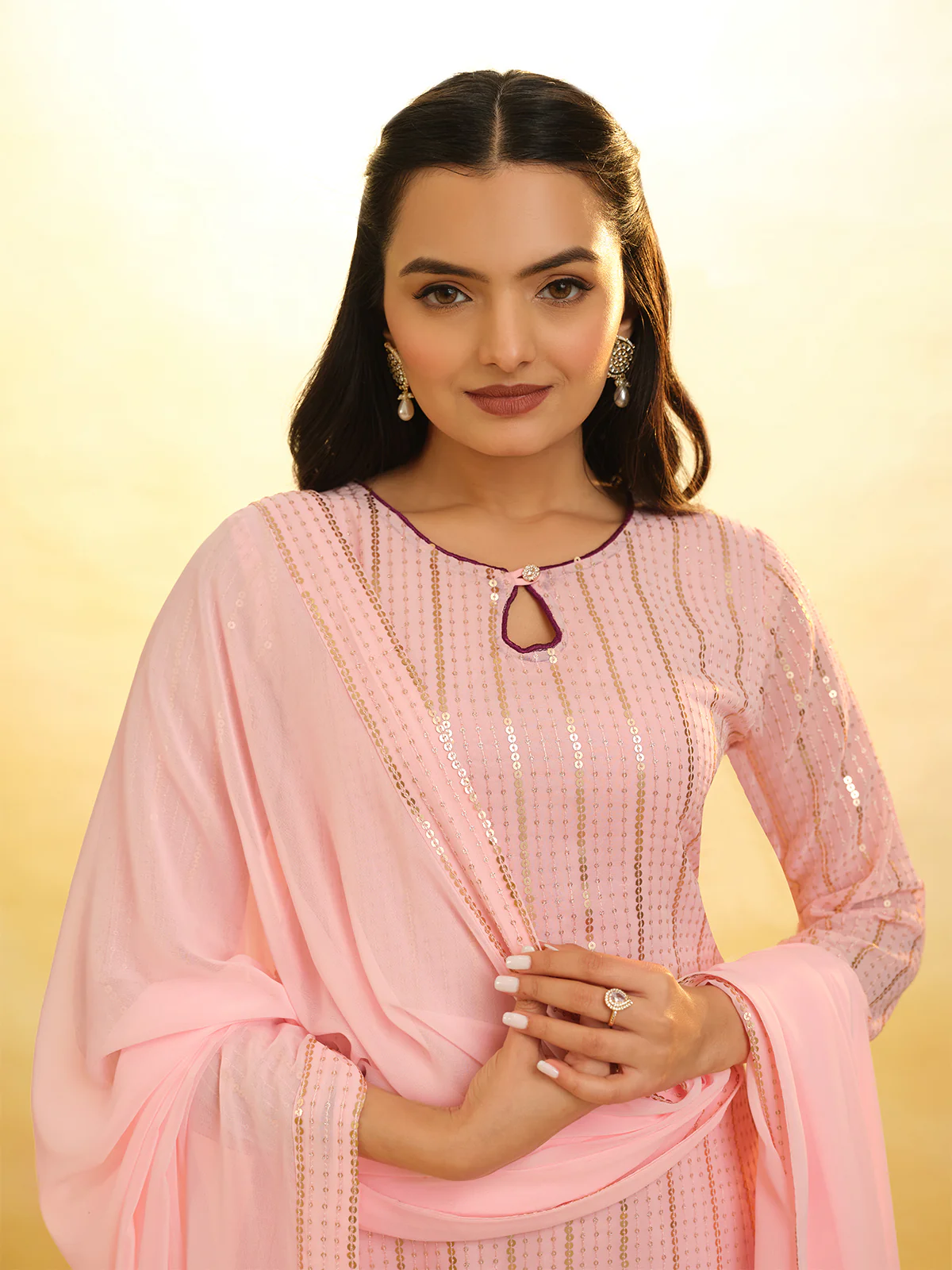 Odette Pink Georgette Embroidery Stitched Salwar Suit Set For Women - Image 4
