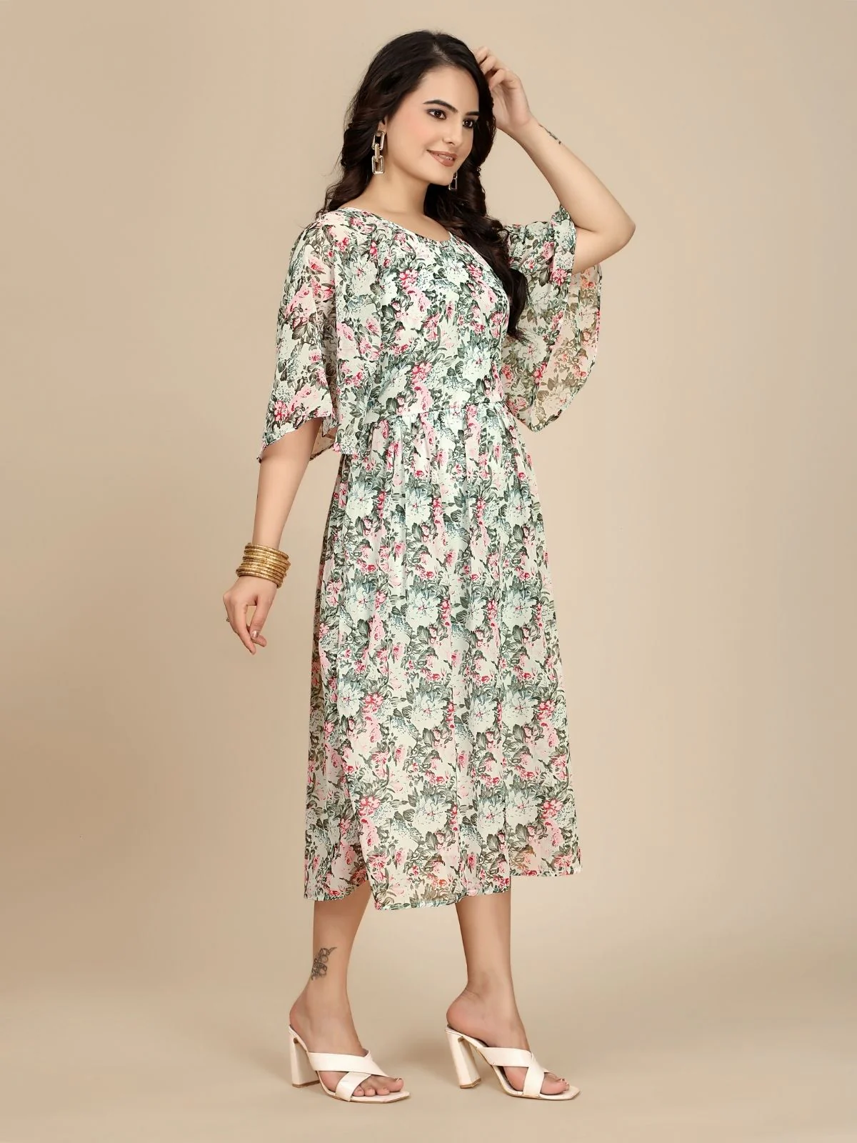 Odette Pink Georgette Printed Dress For Women - Image 3
