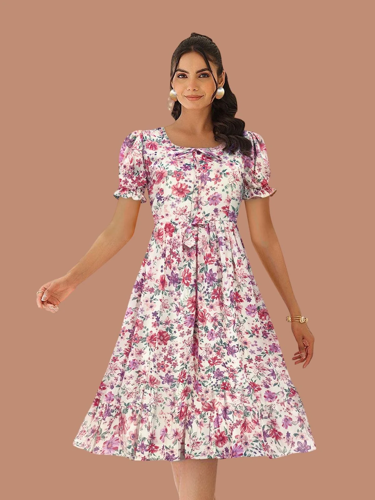 Odette Pink Georgette Printed Dress For Women - Image 4