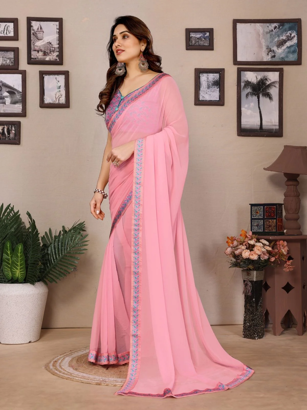 Odette Pink Georgette Printed Saree For Women - Image 2