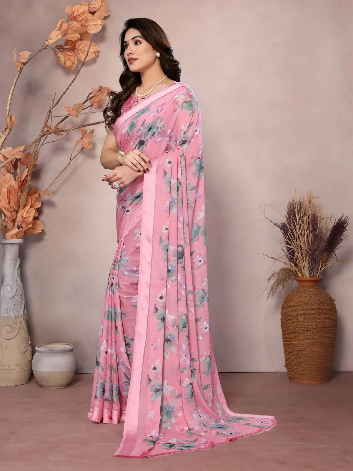Odette Pink Georgette Printed Saree For Women - Image 2