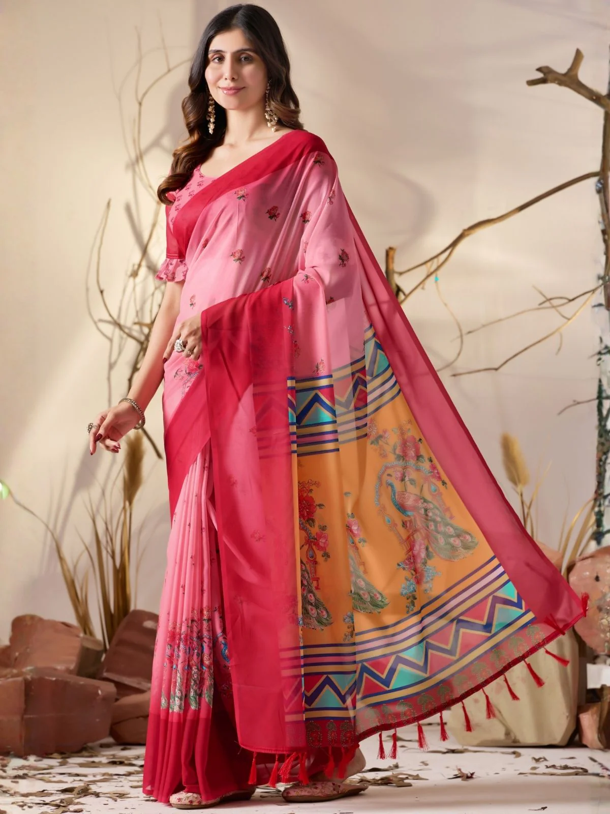 Odette Pink Georgette Printed Saree For Women - Image 2